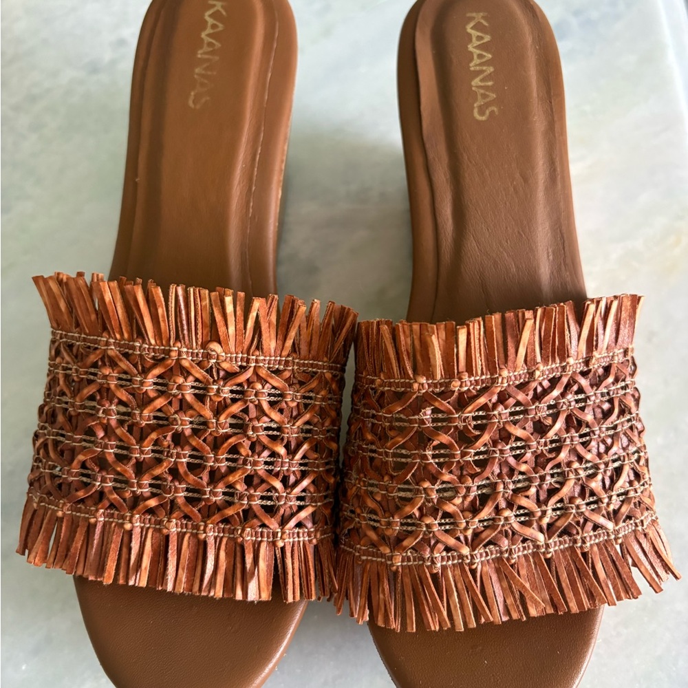 Kaanas Tan Woven Fringe Sandals
